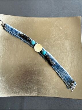 Men’s Denim Bracelet Crème Turquoise Accent Handmade Upcycled Unique Gift